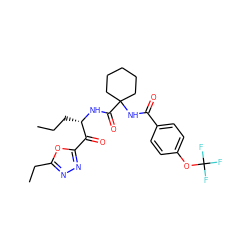 CCC[C@H](NC(=O)C1(NC(=O)c2ccc(OC(F)(F)F)cc2)CCCCC1)C(=O)c1nnc(CC)o1 ZINC000034365589