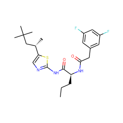 CCC[C@H](NC(=O)Cc1cc(F)cc(F)c1)C(=O)Nc1ncc([C@@H](C)CC(C)(C)C)s1 ZINC000028827419