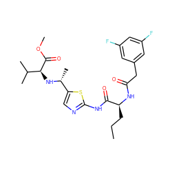 CCC[C@H](NC(=O)Cc1cc(F)cc(F)c1)C(=O)Nc1ncc([C@@H](C)N[C@H](C(=O)OC)C(C)C)s1 ZINC000028827404