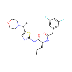 CCC[C@H](NC(=O)Cc1cc(F)cc(F)c1)C(=O)Nc1ncc([C@@H](C)N2CCOCC2)s1 ZINC000028827411