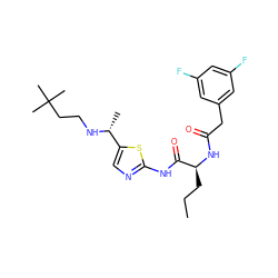 CCC[C@H](NC(=O)Cc1cc(F)cc(F)c1)C(=O)Nc1ncc([C@@H](C)NCCC(C)(C)C)s1 ZINC000028827396