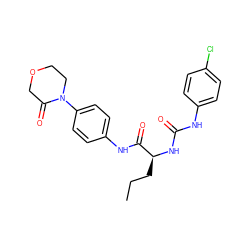 CCC[C@H](NC(=O)Nc1ccc(Cl)cc1)C(=O)Nc1ccc(N2CCOCC2=O)cc1 ZINC000013553979