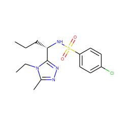 CCC[C@H](NS(=O)(=O)c1ccc(Cl)cc1)c1nnc(C)n1CC ZINC000202519920