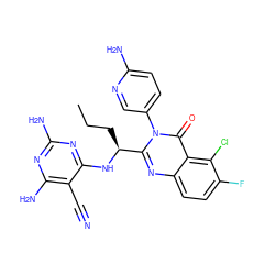 CCC[C@H](Nc1nc(N)nc(N)c1C#N)c1nc2ccc(F)c(Cl)c2c(=O)n1-c1ccc(N)nc1 ZINC000220880283