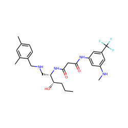 CCC[C@H](O)[C@H](CNCc1ccc(C)cc1C)NC(=O)CC(=O)Nc1cc(NC)cc(C(F)(F)F)c1 ZINC000084617341