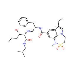 CCC[C@H](O)[C@H](NC[C@H](Cc1ccccc1)NC(=O)c1cc2c3c(c1)c(CC)cn3CCS(=O)(=O)N2C)C(=O)NCC(C)C ZINC000095578666