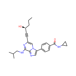 CCC[C@H](O)C#Cc1cn2c(-c3ccc(C(=O)NC4CC4)cc3)cnc2c(NCC(C)C)n1 ZINC000199112978