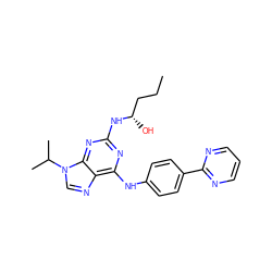 CCC[C@H](O)Nc1nc(Nc2ccc(-c3ncccn3)cc2)c2ncn(C(C)C)c2n1 ZINC000103186936