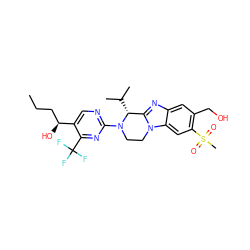 CCC[C@H](O)c1cnc(N2CCn3c(nc4cc(CO)c(S(C)(=O)=O)cc43)[C@H]2C(C)C)nc1C(F)(F)F ZINC000147698445