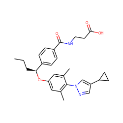 CCC[C@H](Oc1cc(C)c(-n2cc(C3CC3)cn2)c(C)c1)c1ccc(C(=O)NCCC(=O)O)cc1 ZINC000096170540