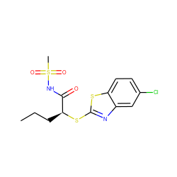 CCC[C@H](Sc1nc2cc(Cl)ccc2s1)C(=O)NS(C)(=O)=O ZINC000095576674