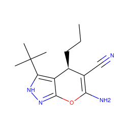 CCC[C@H]1C(C#N)=C(N)Oc2n[nH]c(C(C)(C)C)c21 ZINC000006499292