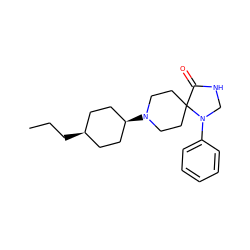 CCC[C@H]1CC[C@@H](N2CCC3(CC2)C(=O)NCN3c2ccccc2)CC1 ZINC000100852723