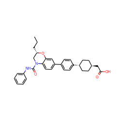 CCC[C@H]1CN(C(=O)Nc2ccccc2)c2ccc(-c3ccc([C@H]4CC[C@H](CC(=O)O)CC4)cc3)cc2O1 ZINC000261132123