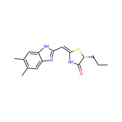 CCC[C@H]1S/C(=C/c2nc3cc(C)c(C)cc3[nH]2)NC1=O ZINC000103234180