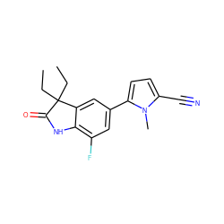 CCC1(CC)C(=O)Nc2c(F)cc(-c3ccc(C#N)n3C)cc21 ZINC000029133436