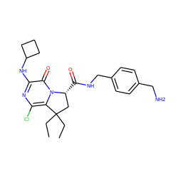 CCC1(CC)C[C@@H](C(=O)NCc2ccc(CN)cc2)n2c1c(Cl)nc(NC1CCC1)c2=O ZINC000095586408