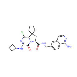 CCC1(CC)C[C@@H](C(=O)NCc2ccc3c(N)nccc3c2)n2c1c(Cl)nc(NC1CCC1)c2=O ZINC000095588471