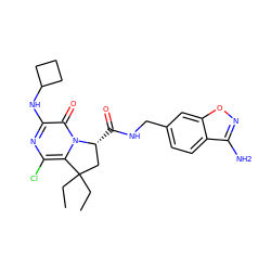 CCC1(CC)C[C@@H](C(=O)NCc2ccc3c(N)noc3c2)n2c1c(Cl)nc(NC1CCC1)c2=O ZINC000095586325