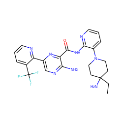 CCC1(N)CCN(c2cccnc2NC(=O)c2nc(-c3ncccc3C(F)(F)F)cnc2N)CC1 ZINC001772573120