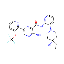 CCC1(N)CCN(c2cccnc2NC(=O)c2nc(-c3ncccc3OC(F)(F)F)cnc2N)CC1 ZINC001772620539