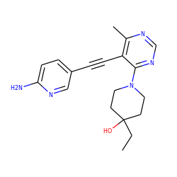 CCC1(O)CCN(c2ncnc(C)c2C#Cc2ccc(N)nc2)CC1 ZINC000149150172