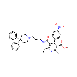 CCC1=C(C(=O)NCCCN2CCC(c3ccccc3)(c3ccccc3)CC2)[C@@H](c2ccc([N+](=O)[O-])cc2)C(C(=O)OC)C(C)=N1 ZINC000028759177