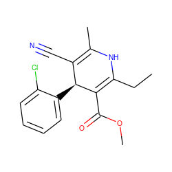 CCC1=C(C(=O)OC)[C@@H](c2ccccc2Cl)C(C#N)=C(C)N1 ZINC000058575901