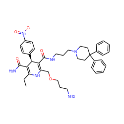 CCC1=C(C(N)=O)[C@@H](c2ccc([N+](=O)[O-])cc2)C(C(=O)NCCCN2CCC(c3ccccc3)(c3ccccc3)CC2)=C(COCCCN)N1 ZINC000026725034