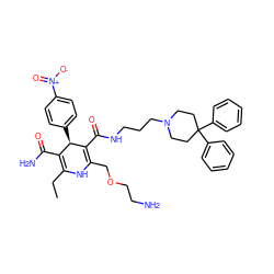 CCC1=C(C(N)=O)[C@@H](c2ccc([N+](=O)[O-])cc2)C(C(=O)NCCCN2CCC(c3ccccc3)(c3ccccc3)CC2)=C(COCCN)N1 ZINC000026724512