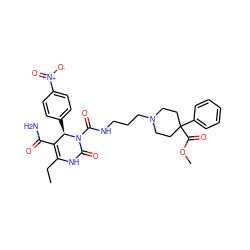 CCC1=C(C(N)=O)[C@@H](c2ccc([N+](=O)[O-])cc2)N(C(=O)NCCCN2CCC(C(=O)OC)(c3ccccc3)CC2)C(=O)N1 ZINC000003946742