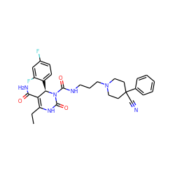 CCC1=C(C(N)=O)[C@@H](c2ccc(F)cc2F)N(C(=O)NCCCN2CCC(C#N)(c3ccccc3)CC2)C(=O)N1 ZINC000003979353