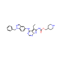 CCC1=C2C(Nc3ccc4c(cnn4Cc4ccccc4)c3)=NC=N[C@H]2N=C1NC(=O)OCC1CCNCC1 ZINC000045320263