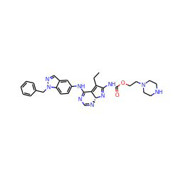 CCC1=C2C(Nc3ccc4c(cnn4Cc4ccccc4)c3)=NC=N[C@H]2N=C1NC(=O)OCCN1CCNCC1 ZINC000049678376