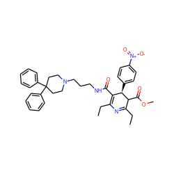 CCC1=NC(CC)=C(C(=O)NCCCN2CCC(c3ccccc3)(c3ccccc3)CC2)[C@@H](c2ccc([N+](=O)[O-])cc2)C1C(=O)OC ZINC000028759173