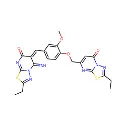 CCC1=NN2C(=N)/C(=C\c3ccc(OCc4cc(=O)n5nc(CC)sc5n4)c(OC)c3)C(=O)N=C2S1 ZINC000017434363