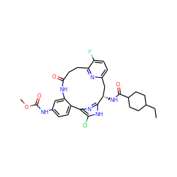 CCC1CCC(C(=O)N[C@H]2Cc3ccc(F)c(n3)CCC(=O)Nc3cc(NC(=O)OC)ccc3-c3nc2[nH]c3Cl)CC1 ZINC000072316247