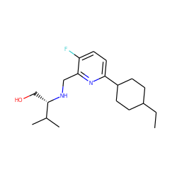 CCC1CCC(c2ccc(F)c(CN[C@@H](CO)C(C)C)n2)CC1 ZINC000204416428