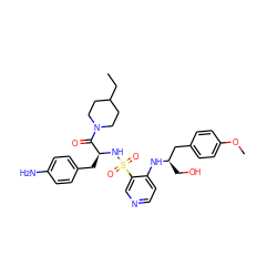 CCC1CCN(C(=O)[C@H](Cc2ccc(N)cc2)NS(=O)(=O)c2cnccc2N[C@H](CO)Cc2ccc(OC)cc2)CC1 ZINC000027857654