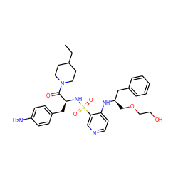 CCC1CCN(C(=O)[C@H](Cc2ccc(N)cc2)NS(=O)(=O)c2cnccc2N[C@H](COCCO)Cc2ccccc2)CC1 ZINC000027860845