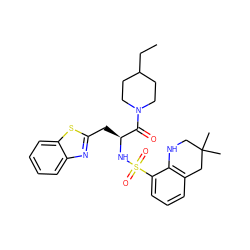 CCC1CCN(C(=O)[C@H](Cc2nc3ccccc3s2)NS(=O)(=O)c2cccc3c2NCC(C)(C)C3)CC1 ZINC000028760884