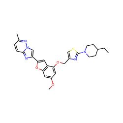 CCC1CCN(c2nc(COc3cc(OC)cc4oc(-c5cn6nc(C)ccc6n5)cc34)cs2)CC1 ZINC000653666592