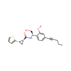 CCCC#Cc1ccc([C@H](CO)NC(=O)[C@H]2C[C@@H]2c2cccs2)c(OC)c1 ZINC000141992727