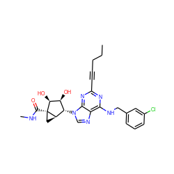 CCCC#Cc1nc(NCc2cccc(Cl)c2)c2ncn([C@H]3[C@H](O)[C@H](O)[C@]4(C(=O)NC)C[C@H]34)c2n1 ZINC000029045147