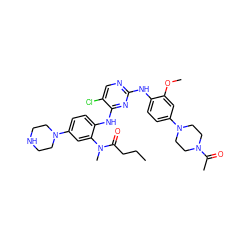 CCCC(=O)N(C)c1cc(N2CCNCC2)ccc1Nc1nc(Nc2ccc(N3CCN(C(C)=O)CC3)cc2OC)ncc1Cl ZINC001772638931