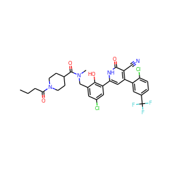 CCCC(=O)N1CCC(C(=O)N(C)Cc2cc(Cl)cc(-c3cc(-c4cc(C(F)(F)F)ccc4Cl)c(C#N)c(=O)[nH]3)c2O)CC1 ZINC000028821589