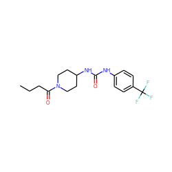 CCCC(=O)N1CCC(NC(=O)Nc2ccc(C(F)(F)F)cc2)CC1 ZINC000146041578