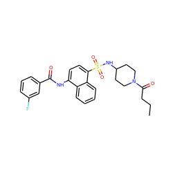 CCCC(=O)N1CCC(NS(=O)(=O)c2ccc(NC(=O)c3cccc(F)c3)c3ccccc23)CC1 ZINC000035242642