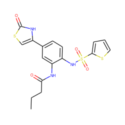 CCCC(=O)Nc1cc(-c2csc(=O)[nH]2)ccc1NS(=O)(=O)c1cccs1 ZINC000095602535