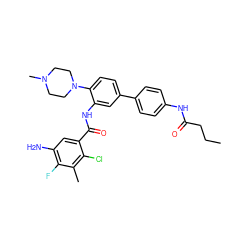 CCCC(=O)Nc1ccc(-c2ccc(N3CCN(C)CC3)c(NC(=O)c3cc(N)c(F)c(C)c3Cl)c2)cc1 ZINC001772574407